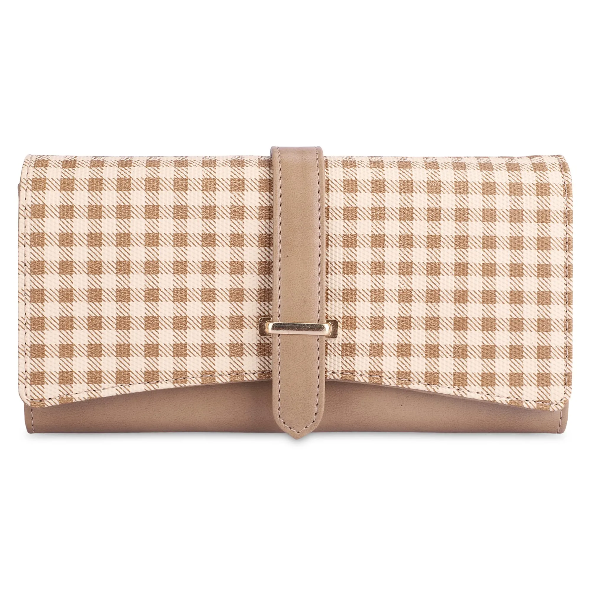 THE CLOWNFISH Dhanvi Collection PVC Checks Design Snap Flap Closure Womens Wallet Clutch Ladies Purse with Multiple Card Holders (Light Brown)