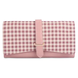 The Clownfish Dhanvi Collection PVC Checks Design Snap Flap Closure Womens Wallet Clutch Ladies Purse with Multiple Card Holders (Pink)