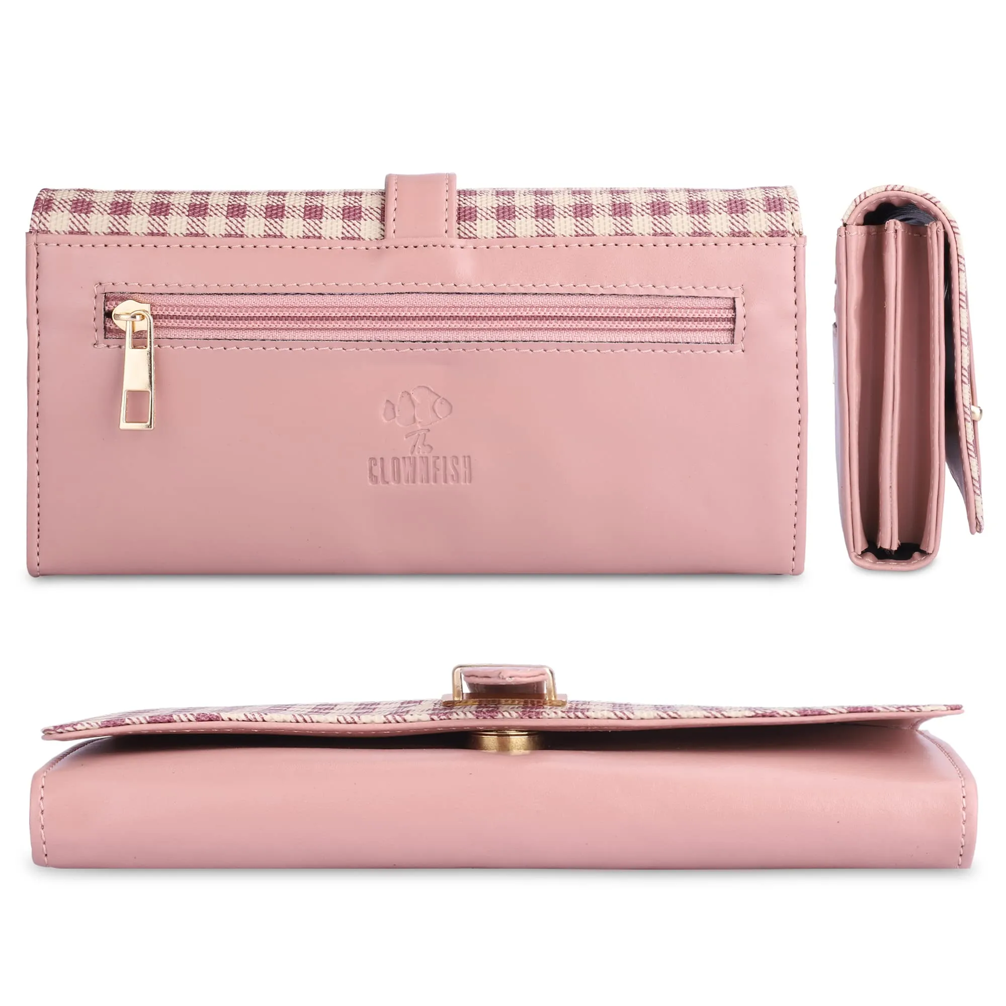 The Clownfish Dhanvi Collection PVC Checks Design Snap Flap Closure Womens Wallet Clutch Ladies Purse with Multiple Card Holders (Pink)