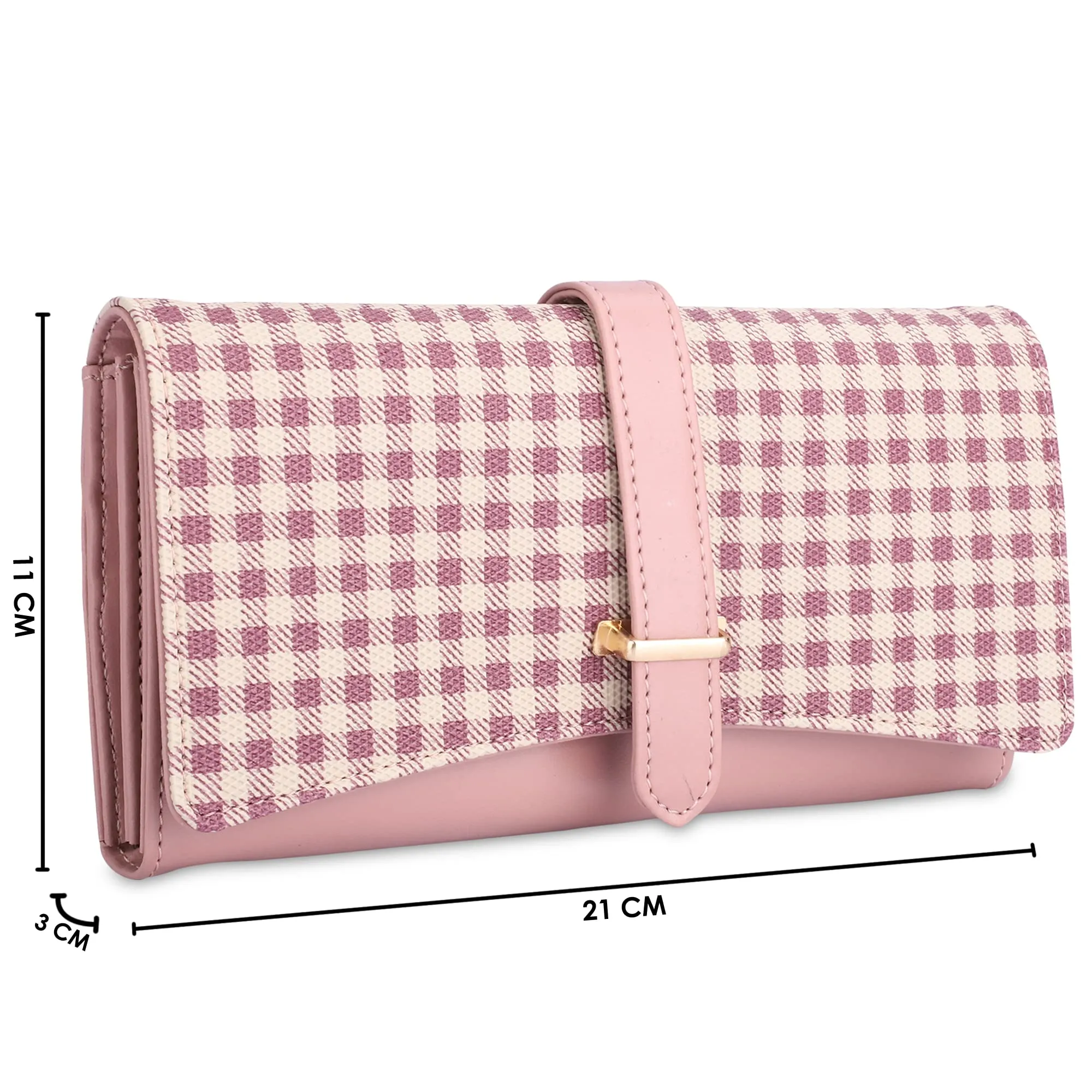 The Clownfish Dhanvi Collection PVC Checks Design Snap Flap Closure Womens Wallet Clutch Ladies Purse with Multiple Card Holders (Pink)