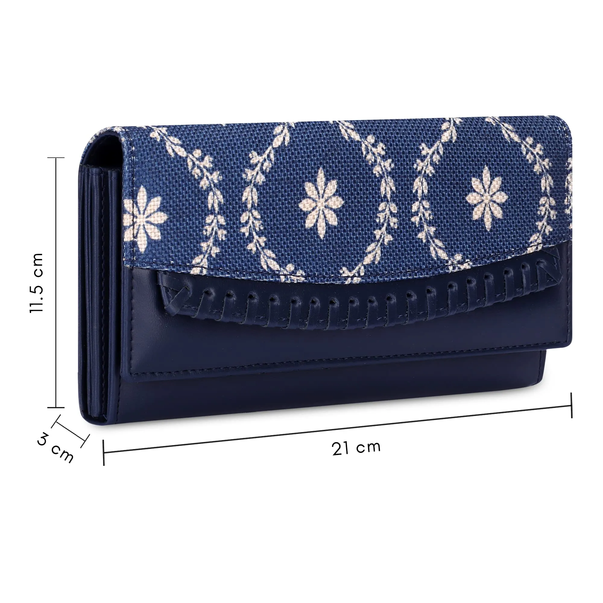 THE CLOWNFISH Ladyluxe Collection Printed Handicraft Fabric & Faux Leather Womens Wallet Clutch Ladies Purse with Snap Flap Closure & Multiple Card Slots (Royal Blue)