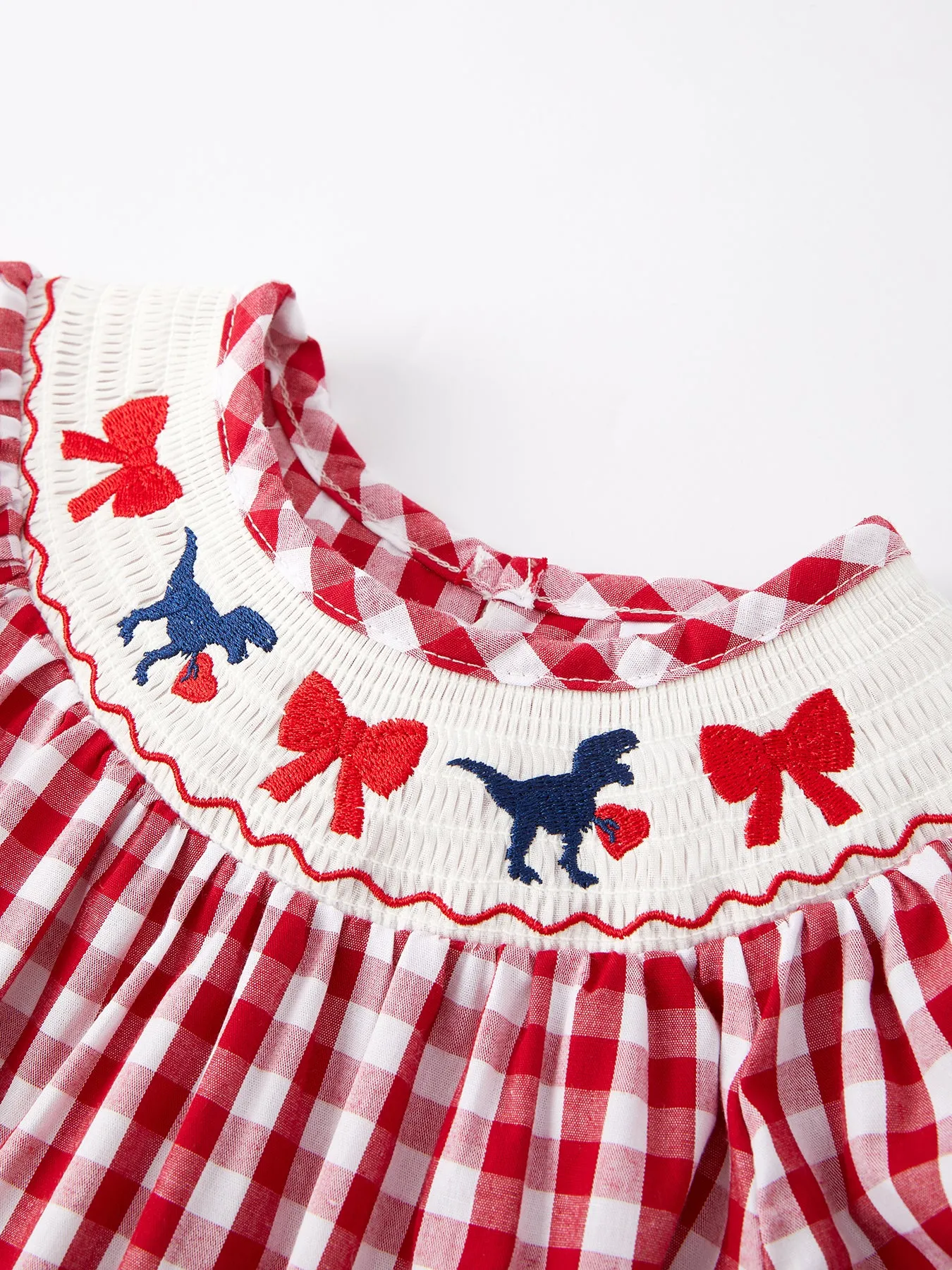 Valentine's Day Dinosaur Bow Smocking Embroidered Dress