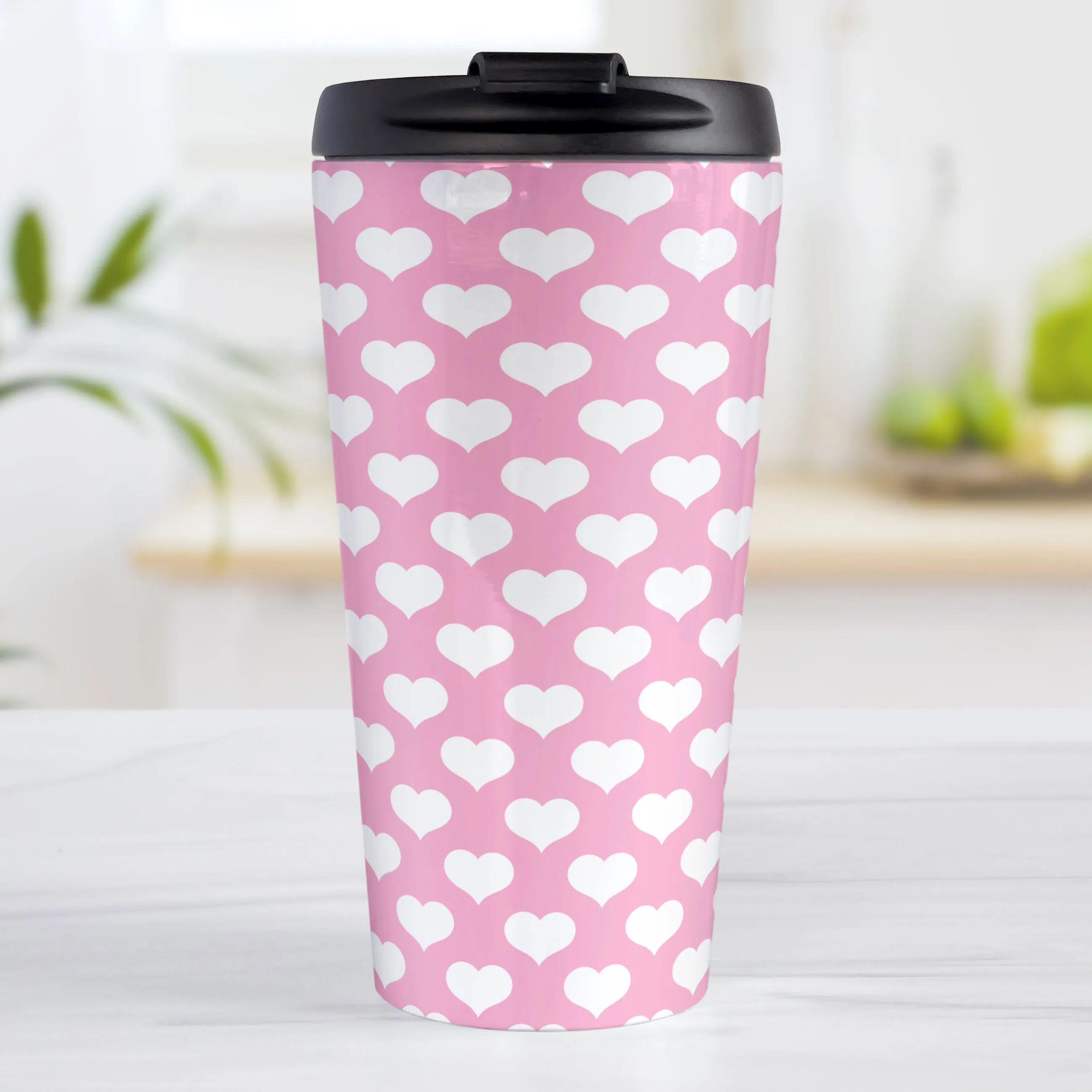 White Hearts Pattern Pink Travel Mug