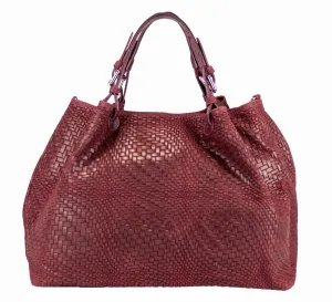 Woven Braided Pattern Burgundy Leather Large Handbag Handmade In Italy